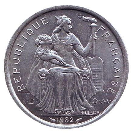 Монета 2 франка. 1982 год, Новая Каледония. UNC. Птица кагу.