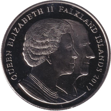 Монета 1 крона. 2017 год, Фолклендские острова. Королева Елизавета II и Принц Филипп на Гудвудских гонках в 1954 году. Монета 1 крона. 2017 год, Фолклендские острова. Королева Елизавета II и Принц Филипп на Гудвудских гонках в 1954 году.