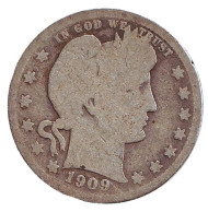 Монета 25 центов. 1909 год, США. (Без отметки монетного двора) "Четверть доллара Барбера". Монета 25 центов. 1909 год, США. (Без отметки монетного двора) "Четверть доллара Барбера".