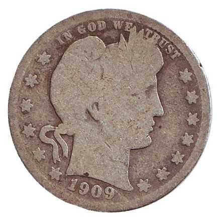 Монета 25 центов. 1909 год, США. (Без отметки монетного двора) "Четверть доллара Барбера".