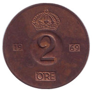 Монета 2 эре. 1969 год, Швеция. Монета 2 эре. 1969 год, Швеция.