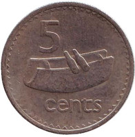 Фиджийский барабан (лали). Монета 5 центов. 1975 год, Фиджи. 