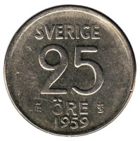 Монета 25 эре. 1959 год, Швеция.