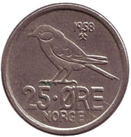 Монета 25 эре. 1958 год, Норвегия. Птица. Монета 25 эре. 1958 год, Норвегия. Птица.