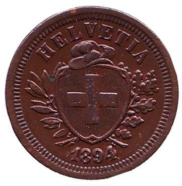Монета 1 раппен. 1894 год, Швейцария. Монета 1 раппен. 1894 год, Швейцария.