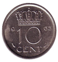 Монета 10 центов. 1963 год, Нидерланды. Монета 10 центов. 1963 год, Нидерланды.