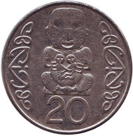 Монета 20 центов. 2002 год, Новая Зеландия. Божок. Монета 20 центов. 2002 год, Новая Зеландия. Божок.