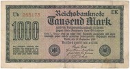 Рейхсбанкнота 1000 марок. 1922 год, Веймарская республика. Белая бумага. Водяной знак - задние полосы. Серийный номер - Две буквы, шесть цифр (красные,большие), две буквы. P-76o. Рейхсбанкнота 1000 марок. 1922 год, Веймарская республика. Белая бумага. Водяной знак - задние полосы. Серийный номер - Две буквы, шесть цифр (красные,большие), две буквы. P-76o.