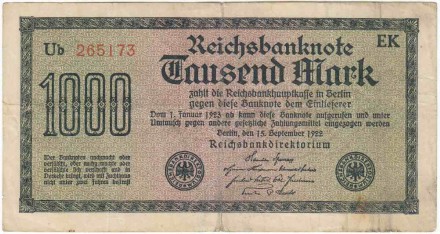 Рейхсбанкнота 1000 марок. 1922 год, Веймарская республика. Белая бумага. Водяной знак - задние полосы. Серийный номер - Две буквы, шесть цифр (красные,большие), две буквы. P-76o.