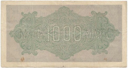 Рейхсбанкнота 1000 марок. 1922 год, Веймарская республика. Белая бумага. Водяной знак - задние полосы. Серийный номер - Две буквы, шесть цифр (красные,большие), две буквы. P-76o.