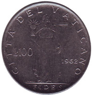Монета 100 лир. 1962 год, Ватикан. Фигура Веры с крестом. Монета 100 лир. 1962 год, Ватикан. Фигура Веры с крестом.