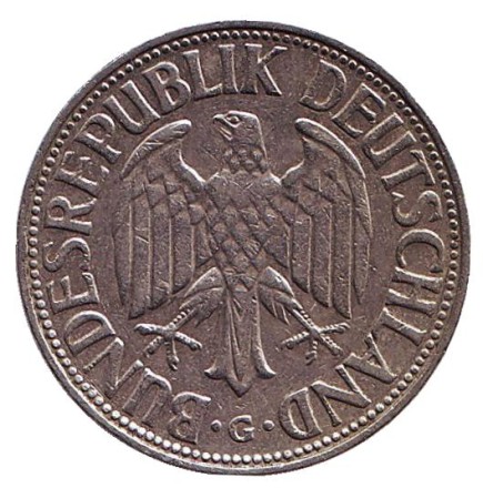 Монета 1 марка. 1962 год (G), ФРГ. Монета 1 марка. 1962 год (G), ФРГ.