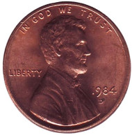 Монета 1 цент. 1984 год (D), США. Линкольн. Монета 1 цент. 1984 год (D), США. Линкольн.