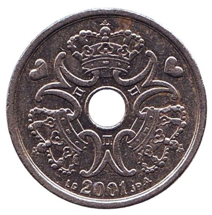 Монета 2 кроны. 2001 год, Дания. Монета 2 кроны. 2001 год, Дания.
