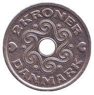 Монета 2 кроны. 2001 год, Дания. Монета 2 кроны. 2001 год, Дания.