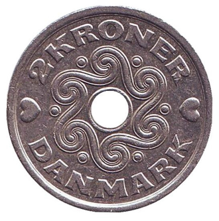 Монета 2 кроны. 2001 год, Дания. Из обращения.