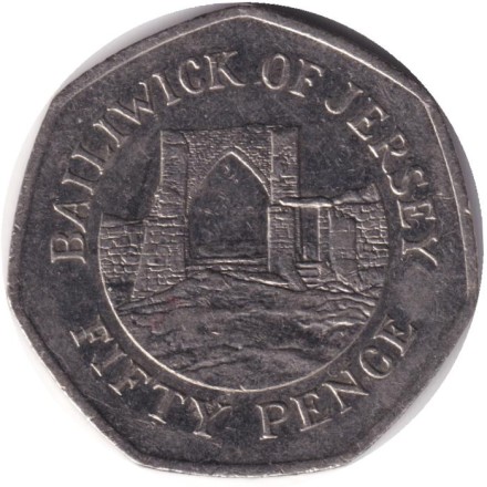 Монета 50 пенсов. 2009 год, Джерси. Замок Гросне. Монета 50 пенсов. 2009 год, Джерси. Замок Гросне.