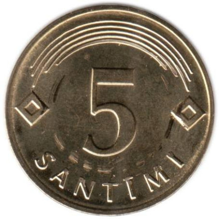 Монета 5 сантимов, 2009 год, Латвия.