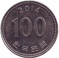 Монета 100 вон. 2014 год, Южная Корея. Монета 100 вон. 2014 год, Южная Корея.