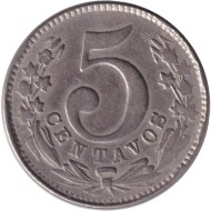 Монета 5 сентаво. 1886 год, Колумбия. (Цифра 5 мелкая, верхний хвостик короткий).