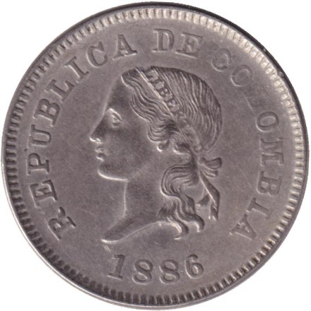 Монета 5 сентаво. 1886 год, Колумбия. (Цифра 5 мелкая, верхний хвостик короткий).