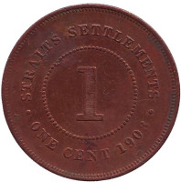 Монета 1 цент. 1908 год, Стрейтс Сетлментс.