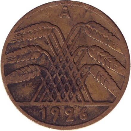 Монета 10 рейхспфеннигов. 1926 (А) год, Веймарская республика. Монета 10 рейхспфеннигов. 1926 (А) год, Веймарская республика.