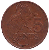 Монета 5 центов. 1980 год, Тринидад и Тобаго. Райская птица. Монета 5 центов. 1980 год, Тринидад и Тобаго. Райская птица.