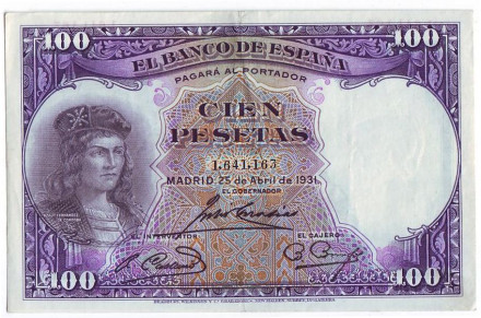 Банкнота 100 песет. 1931 год, Испания. XF. Гонсало Фернандес де Кордова.