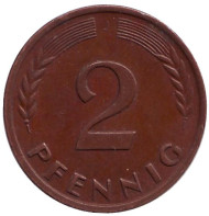 Монета 2 пфеннига. 1959 год (J), ФРГ. Дубовые листья. Монета 2 пфеннига. 1959 год (J), ФРГ. Дубовые листья.