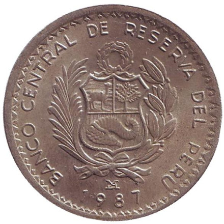 Монета 5 инти. 1987 год, Перу. Из обращения. Мигель Грау. Монета 5 инти. 1987 год, Перу. Из обращения. Мигель Грау.