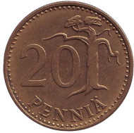 Монета 20 пенни. 1967 год, Финляндия. Монета 20 пенни. 1967 год, Финляндия.