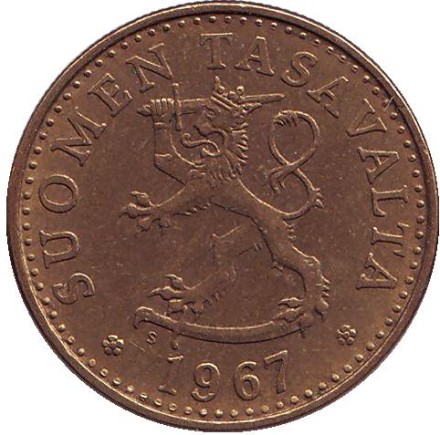 Монета 20 пенни. 1967 год, Финляндия.