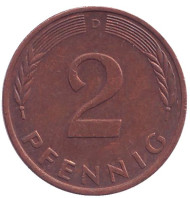 Монета 2 пфеннига. 1982 год (D), ФРГ. Дубовые листья. Монета 2 пфеннига. 1982 год (D), ФРГ. Дубовые листья.