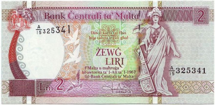 Банкнота 2 лиры. 1967 (1994) год, Мальта. Банкнота 2 лиры. 1967 (1994) год, Мальта.