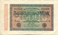 Рейхсбанкнота 20,000 марок. 1923 год, Веймарская республика. Рейхсбанкнота 20,000 марок. 1923 год, Веймарская республика.