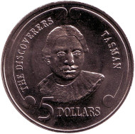 Монета 5 долларов. 1992 год, Новая Зеландия. Абел Тасман. Серия "Первооткрыватели". Монета 5 долларов. 1992 год, Новая Зеландия. Абел Тасман. Серия "Первооткрыватели".