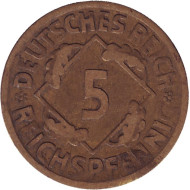 Монета 5 рейхспфеннигов. 1924 год (Е), Веймарская республика. Монета 5 рейхспфеннигов. 1924 год (Е), Веймарская республика.