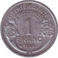 Монета 1 франк. 1945 (B) год, Франция. Монета 1 франк. 1945 (B) год, Франция.