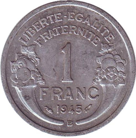 Монета 1 франк. 1945 (B) год, Франция.