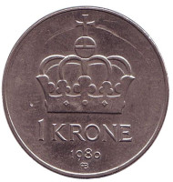 Монета 1 крона. 1980 год, Норвегия. Корона. Монета 1 крона. 1980 год, Норвегия. Корона.