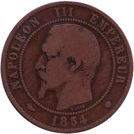 Монета 10 сантимов. 1854 год (MA), Франция. Наполеон III.