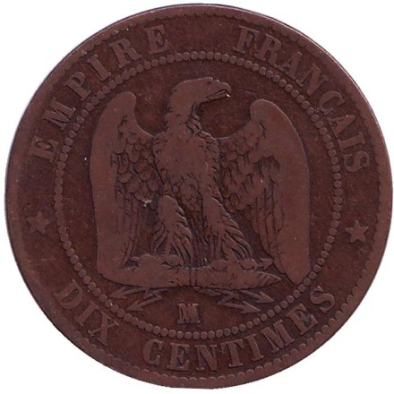 Монета 10 сантимов. 1854 год (MA), Франция. Наполеон III. Монета 10 сантимов. 1854 год (MA), Франция. Наполеон III.