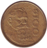 Монета 100 песо. 1991 год, Мексика. Венустино Карранса.