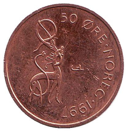 Монета 50 эре. 1997 год, Норвегия. Животное.