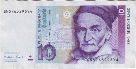 Банкнота 10 марок. 1999 год, ФРГ. Карл Фридрих Гаусс. Секстант.