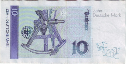 Банкнота 10 марок. 1999 год, ФРГ. Карл Фридрих Гаусс. Секстант. Банкнота 10 марок. 1999 год, ФРГ. Карл Фридрих Гаусс. Секстант.