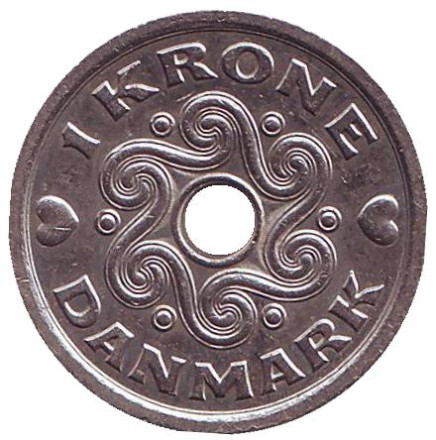 Монета 1 крона. 1997 год, Дания.