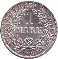 Монета 1 марка. 1909 год (A), Германская империя. Монета 1 марка. 1909 год (A), Германская империя.