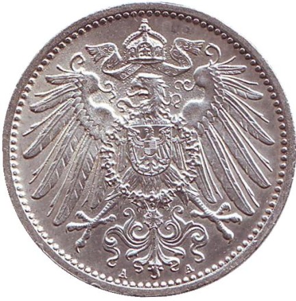 Монета 1 марка. 1909 год (A), Германская империя. Монета 1 марка. 1909 год (A), Германская империя.